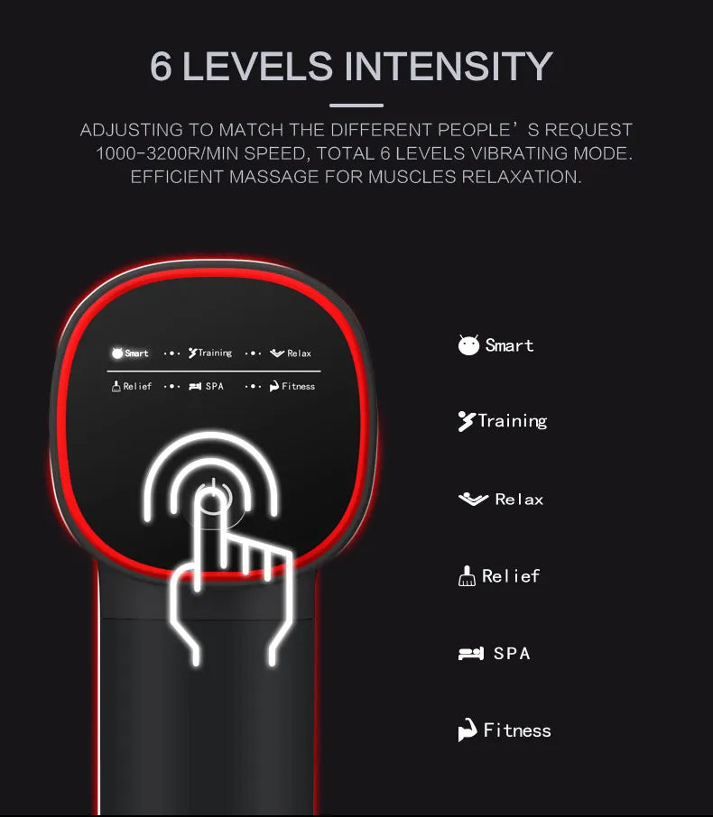 Six levels of intensity on massage gun for personalized use.