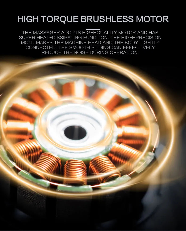 High torque brushless motor in massage gun for noise reduction.