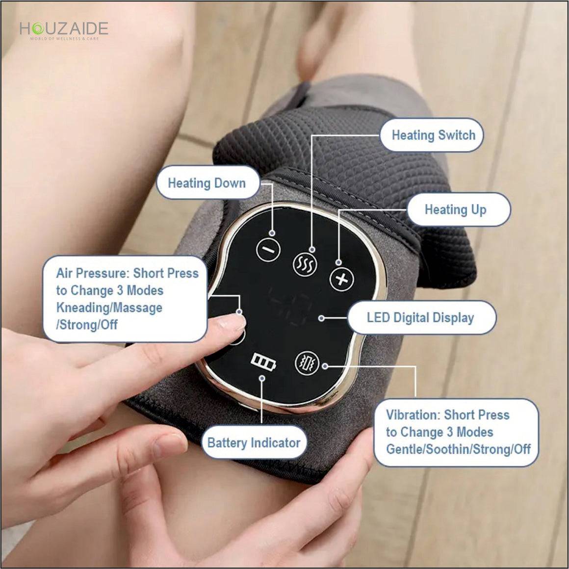 Close-up of knee massager control panel with settings