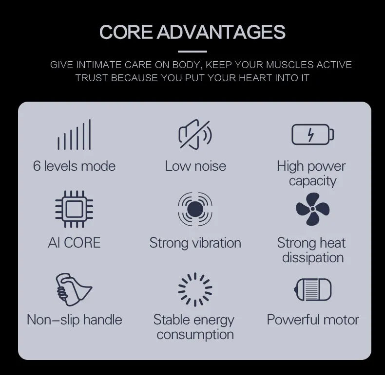 Core advantages of the massage gun including low noise and strong vibration.