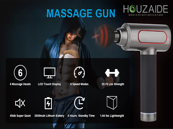Features of premium massage gun with LCD display and speed modes.