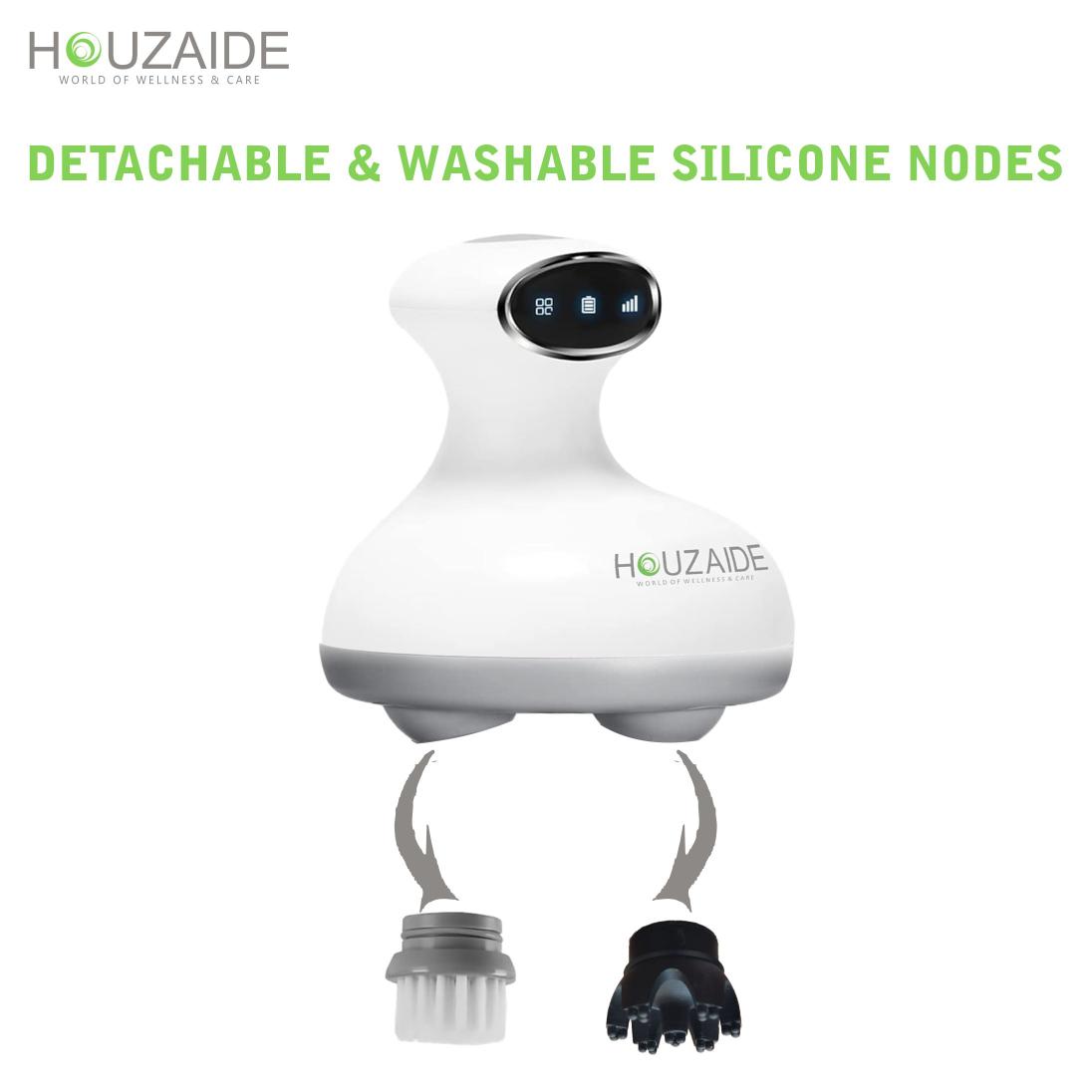 Houzaide scalp massager with detachable and washable silicone heads — includes soft brush for facial cleansing and kneading nodes for deep scalp massage