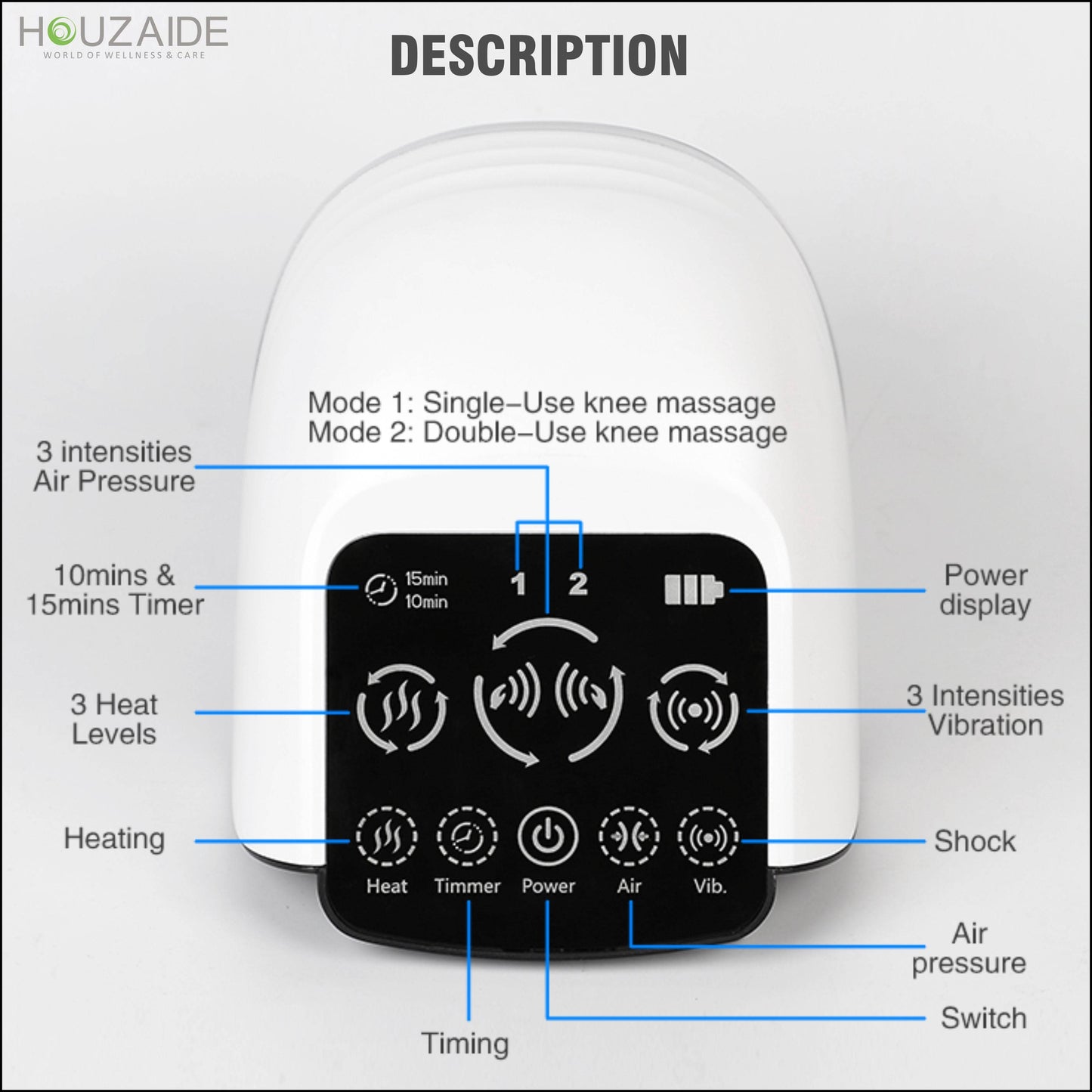 Knee massager control panel with multiple settings