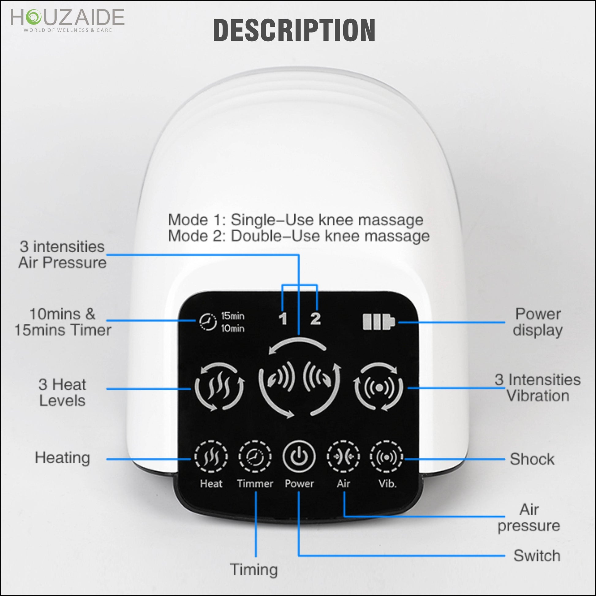 Knee massager control panel with multiple settings