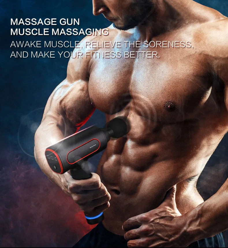 Man using massage gun for muscle soreness relief post workout