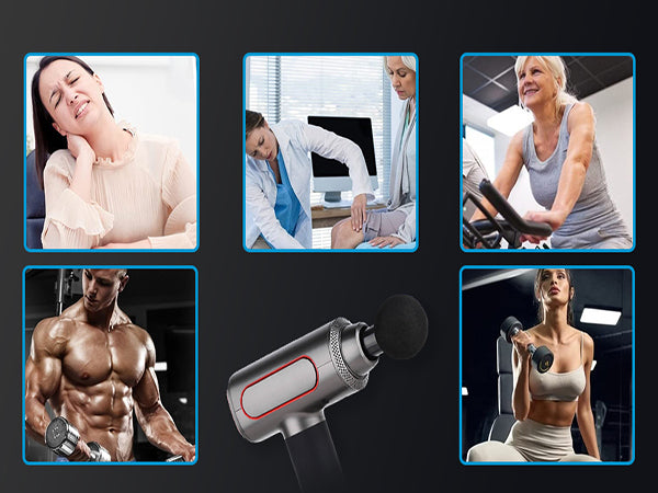 People using massage gun for muscle relief and relaxation.