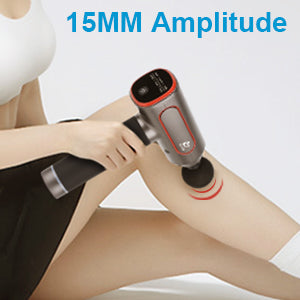 Person using massage gun on leg with 15mm amplitude.