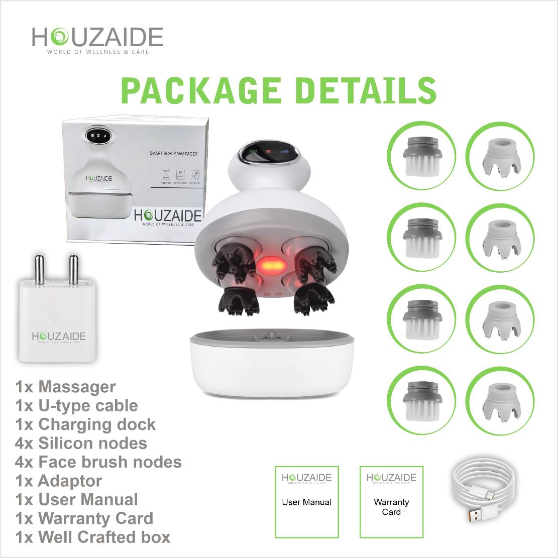 Houzaide electric scalp massager package includes red light therapy massager, USB charging dock, 4 silicone nodes, 4 face brush nodes, adapter, manual, and gift box