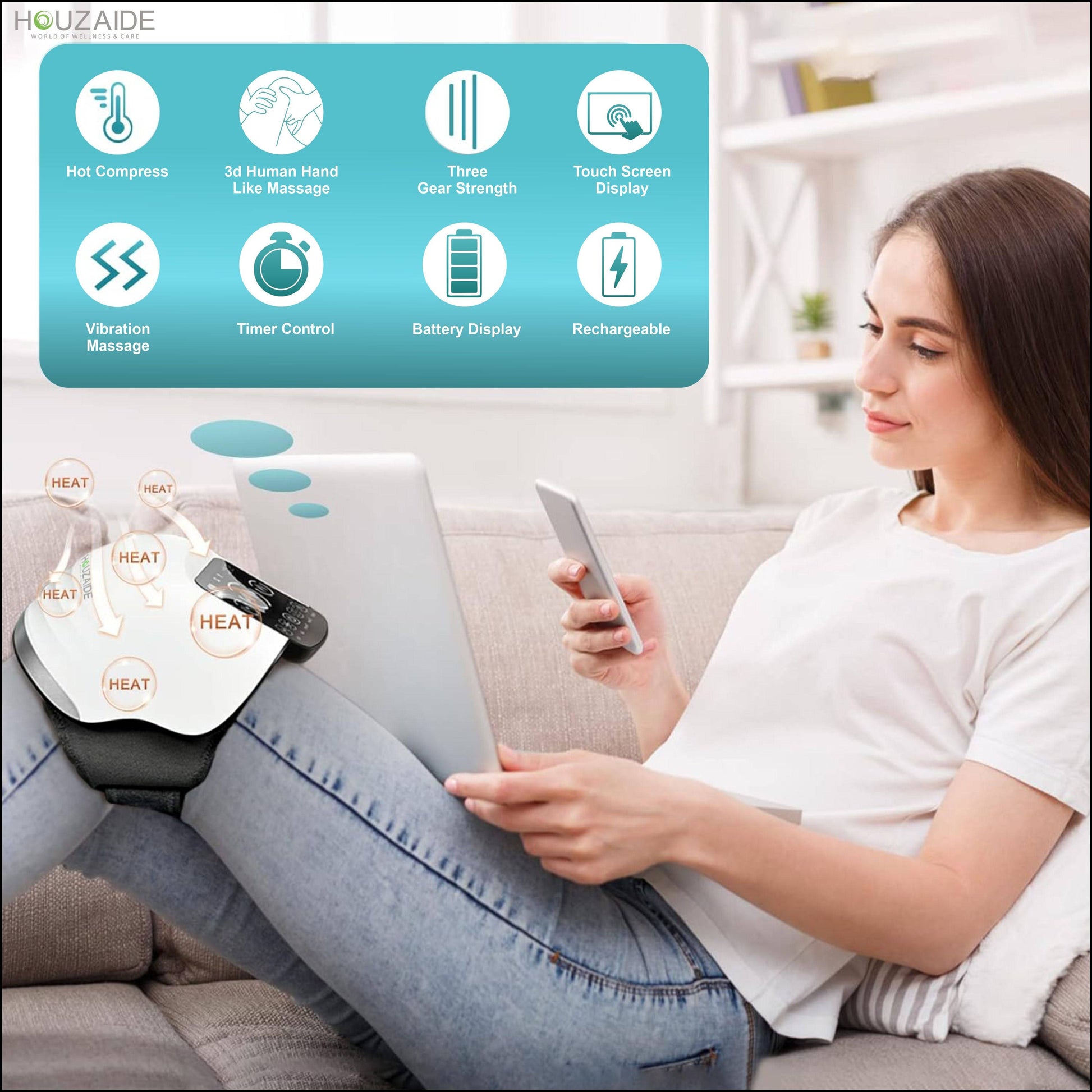 Woman relaxing with portable knee massager for at home knee treatment