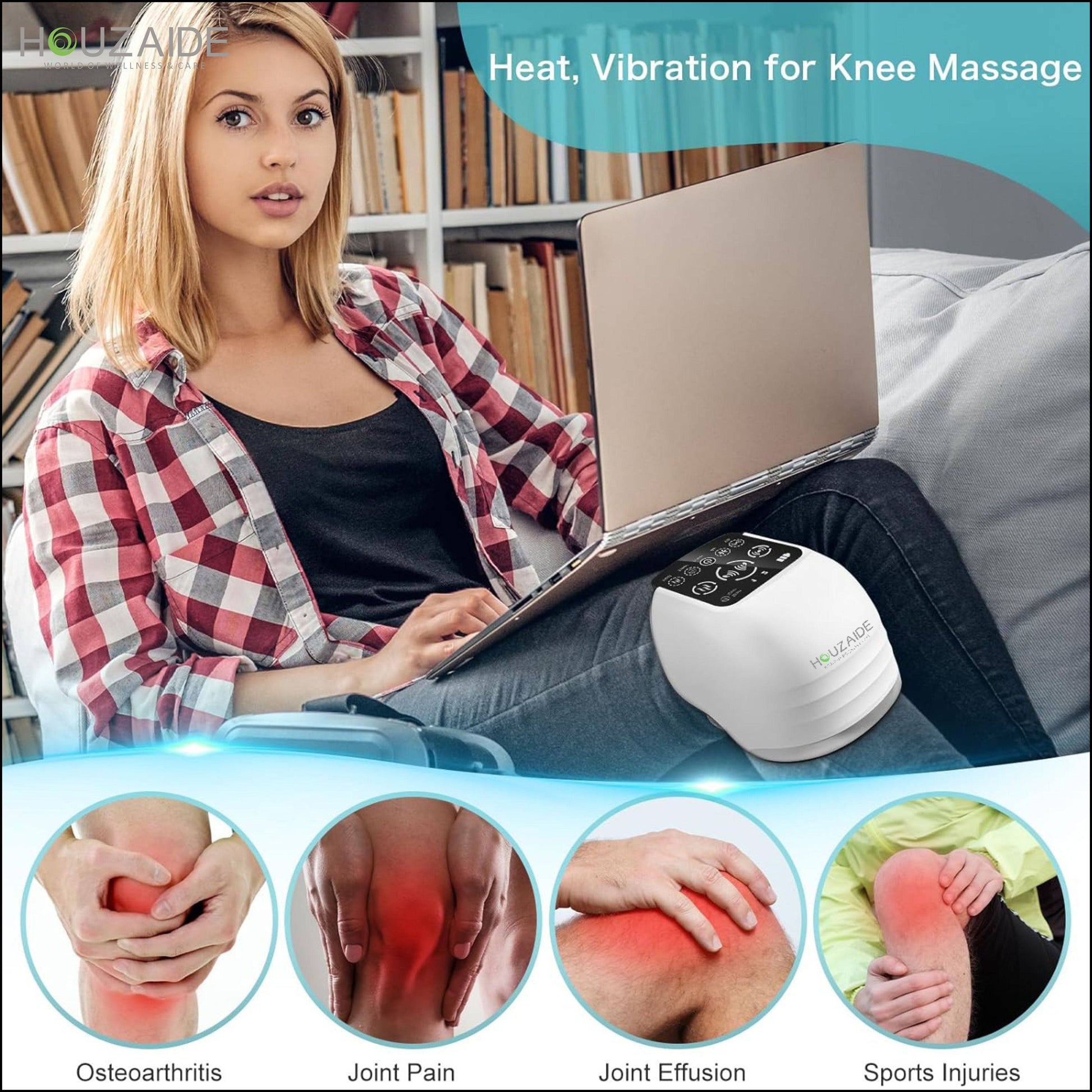 Woman using knee massager for pain relief at home