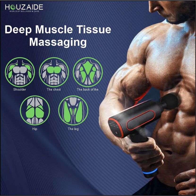Houzaide HA804 deep muscle tissue massage gun – powerful therapy for shoulder, chest, back, hip, and leg muscles, ideal for post-workout recovery