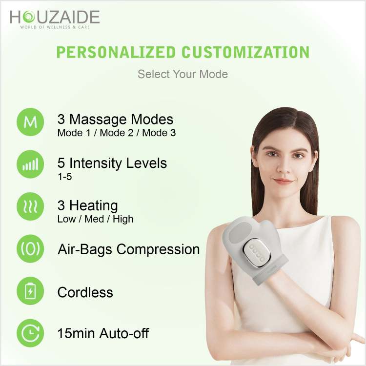 HOUZAIDE FlexiHeal Pro Electric Hand & Finger Massager – Air Compression & Acupressure Therapy for Pain Relief, Relaxation & Circulation – Unisex Wellness Device HA1301