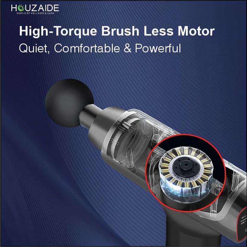 Houzaide HA804 massage gun with high-torque brushless motor – quiet, comfortable, and powerful deep tissue muscle massager