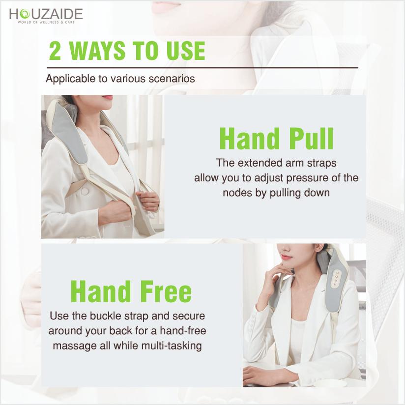 Houzaide neck massager with dual usage modes – hand pull and hands-free strap for customizable cervical and shoulder massage