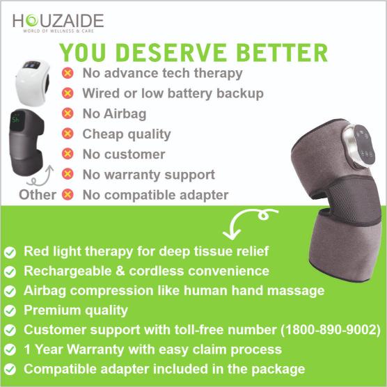 Houzaide Aaranya knee massager comparison – superior red light therapy, airbag compression, cordless use, 1-year warranty, and customer support