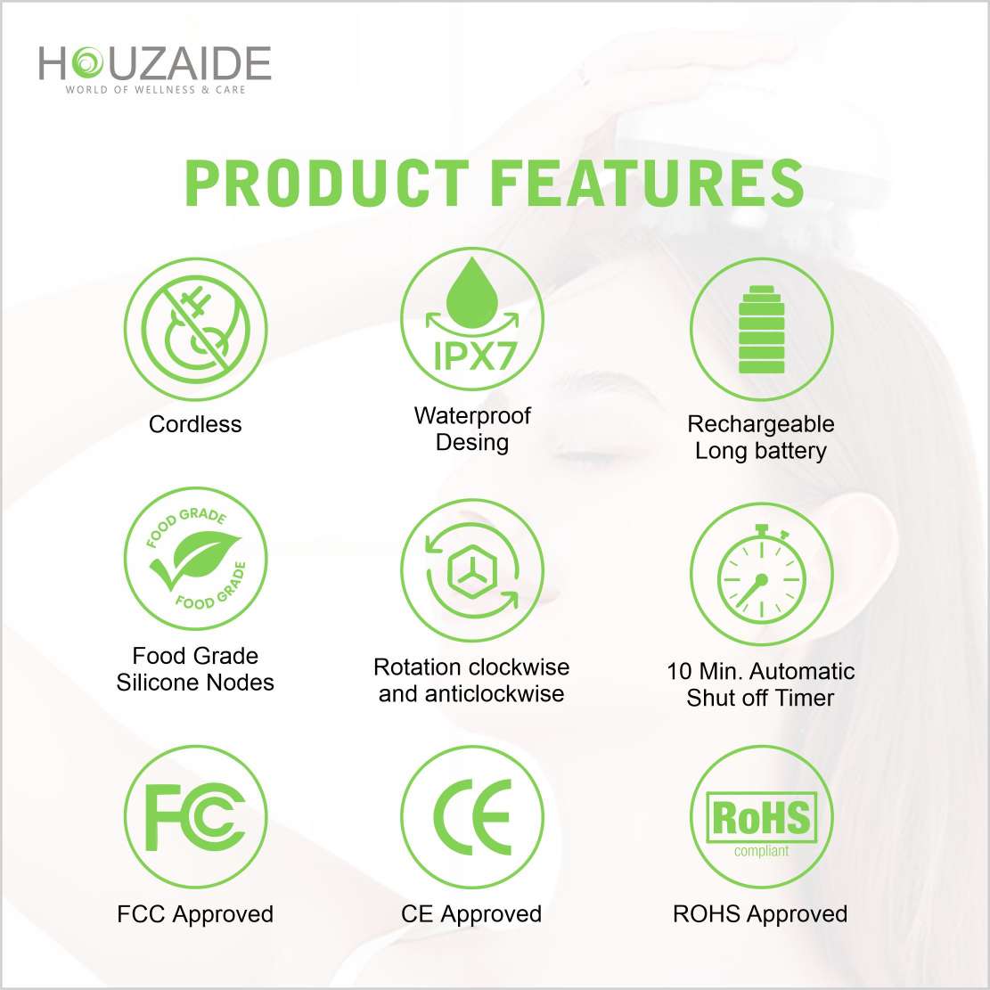 Houzaide scalp massager with IPX7 waterproof design, cordless operation, rechargeable battery, vibration therapy, CE FCC RoHS certified with food grade silicone