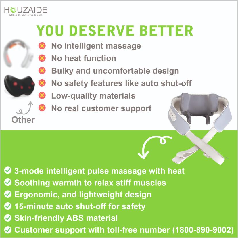 Houzaide electric pulse neck massager with heat, 3 intelligent modes, ergonomic design, auto shut-off, and customer support – better than low-quality alternatives for cervical pain relief