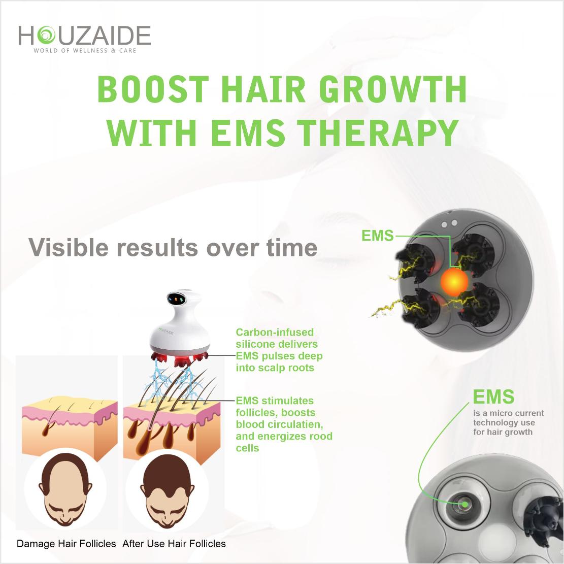 Houzaide EMS therapy scalp massager with carbon-infused silicone nodes stimulates hair follicles, improves circulation, and promotes visible hair regrowth over time