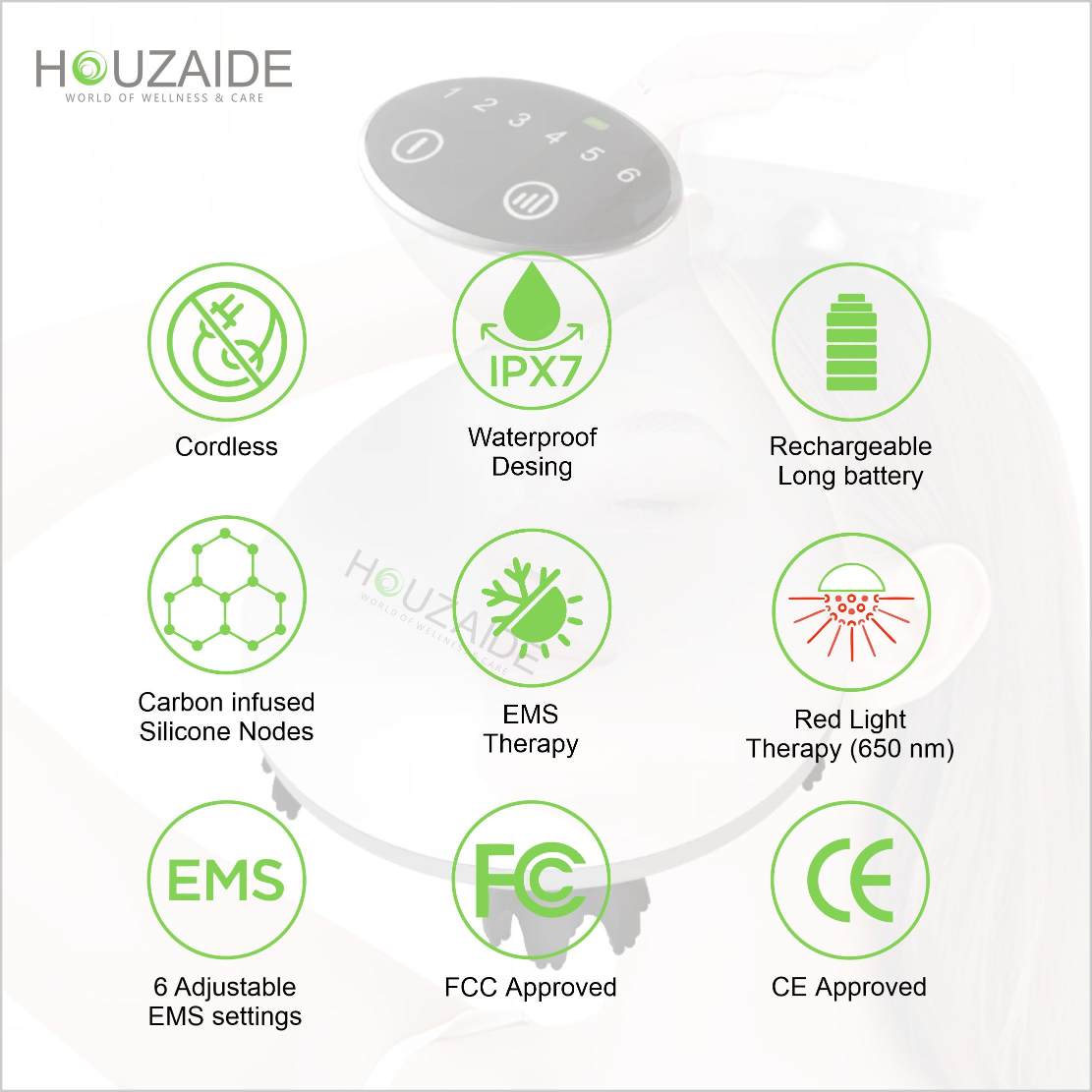 HOUZAIDE WORLD OF WELLNESS & CARE Smart Electric Scalp Massager for Hair Growth | EMS & Red Light Therapy Massager HA104