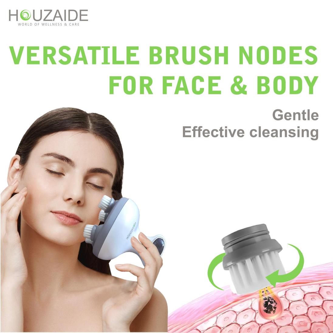 Houzaide versatile massager with brush nodes for face and body, gentle and effective skin cleansing, facial care tool with deep pore cleaning function