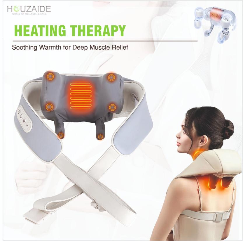 Houzaide neck and shoulder massager with heating therapy and deep tissue massage nodes for cervical pain relief