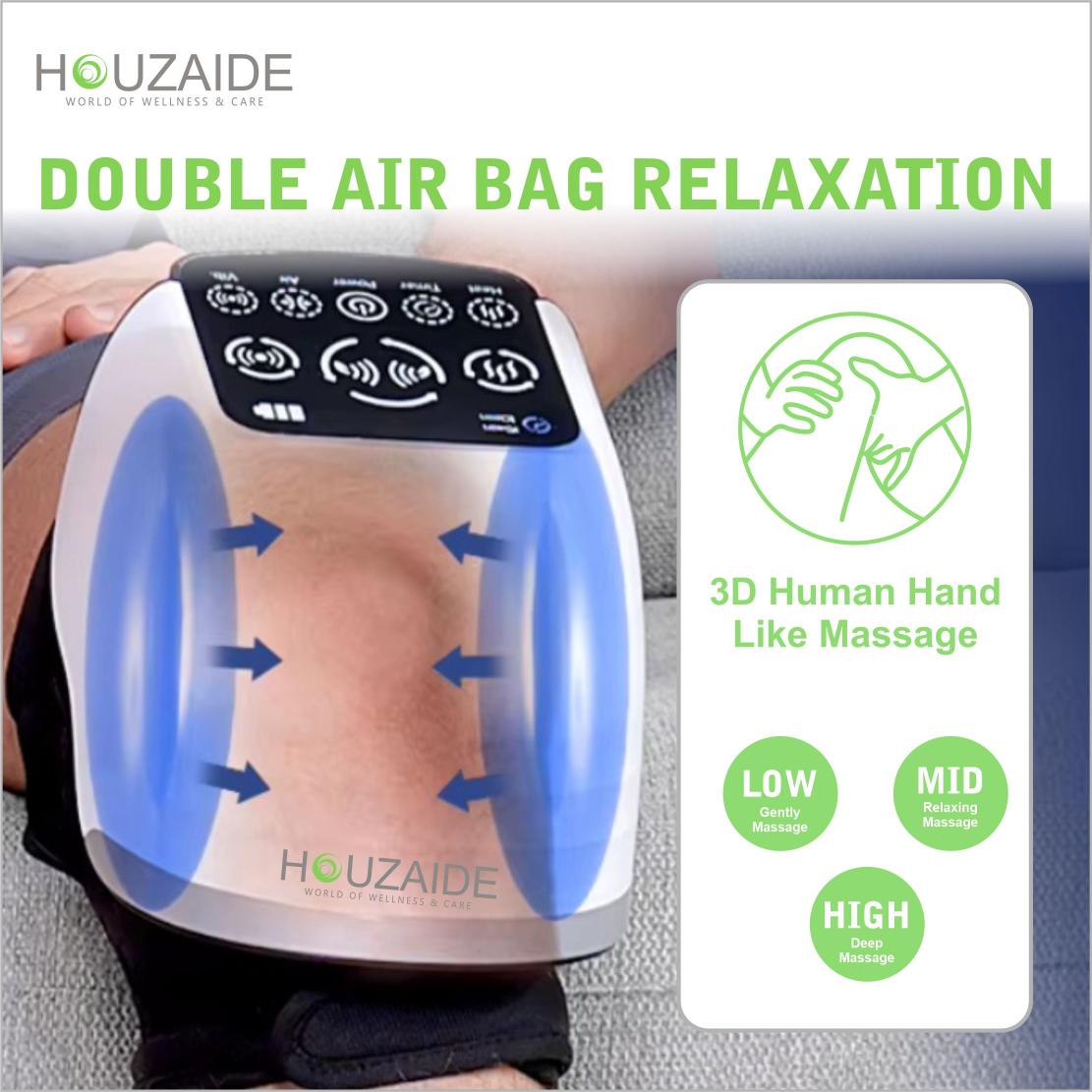 Houzaide knee massager with double air bag compression and 3D human hand-like massage modes for deep joint relaxation