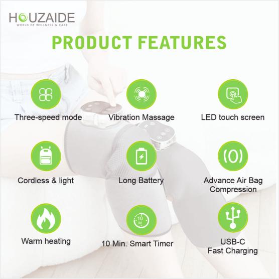 Houzaide knee massager features – air bag compression, heating, vibration massage, LED touchscreen, USB-C charging, smart timer, and cordless use