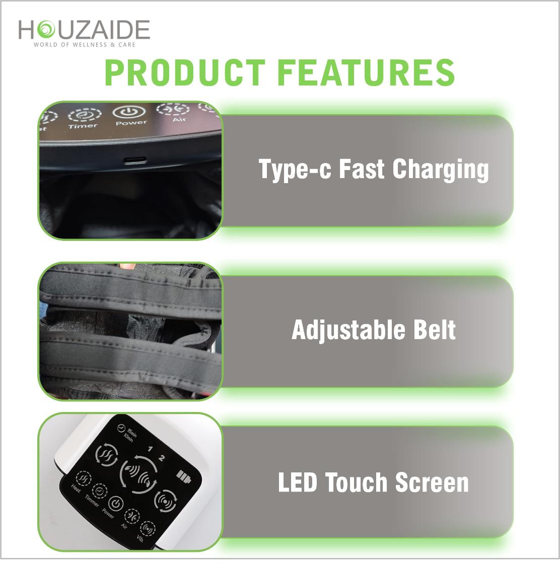 Houzaide knee massager features including Type-C fast charging, adjustable belt, and LED touch screen for personalized comfort