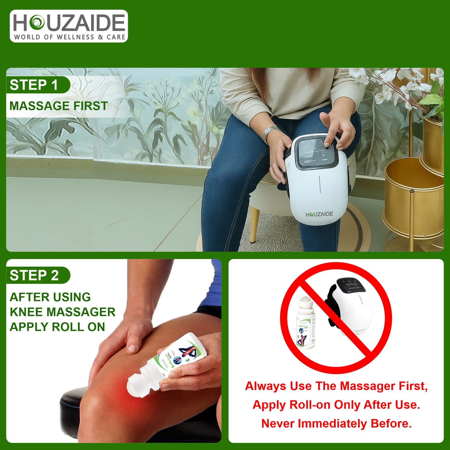 HOUZAIDE Smart Knee Massager for joint pain relief- Physiotherapy for Arthritis Pain, Cramps, Knee Pain Relief, Knee Heat Therapy with Orthozen Roll-on