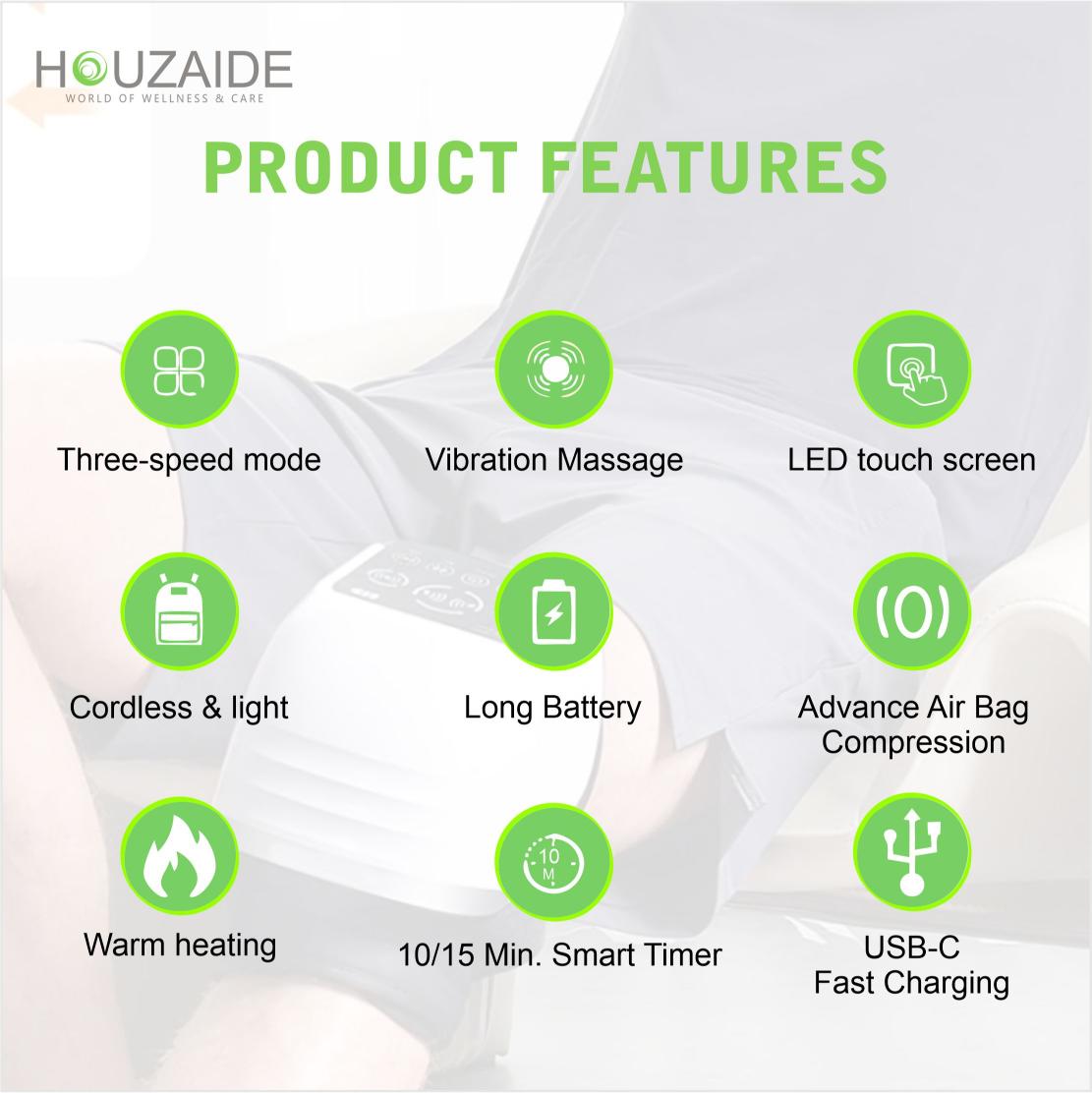 Houzaide knee massager features – air bag compression, heating, vibration massage, LED touchscreen, USB-C charging, smart timer, and cordless use