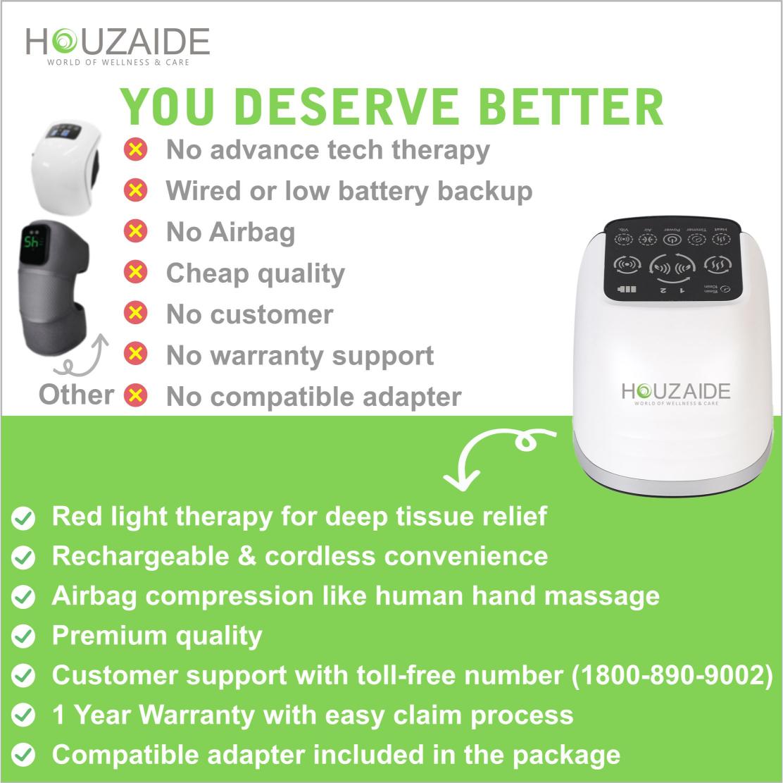 Houzaide knee massager vs other brands – red light therapy, cordless design, premium quality, 1-year warranty, and toll-free customer support
