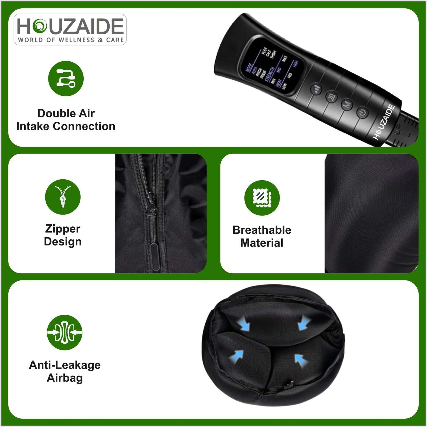 Houzaide Leg Compression Massager with HEAT for Foot Calf & Thigh Recovery | Full Leg Massager for Blood Circulation and Pain Relief | 6 Mode, 4 Zones, 3 Intensity, 3 heating level | HA1203