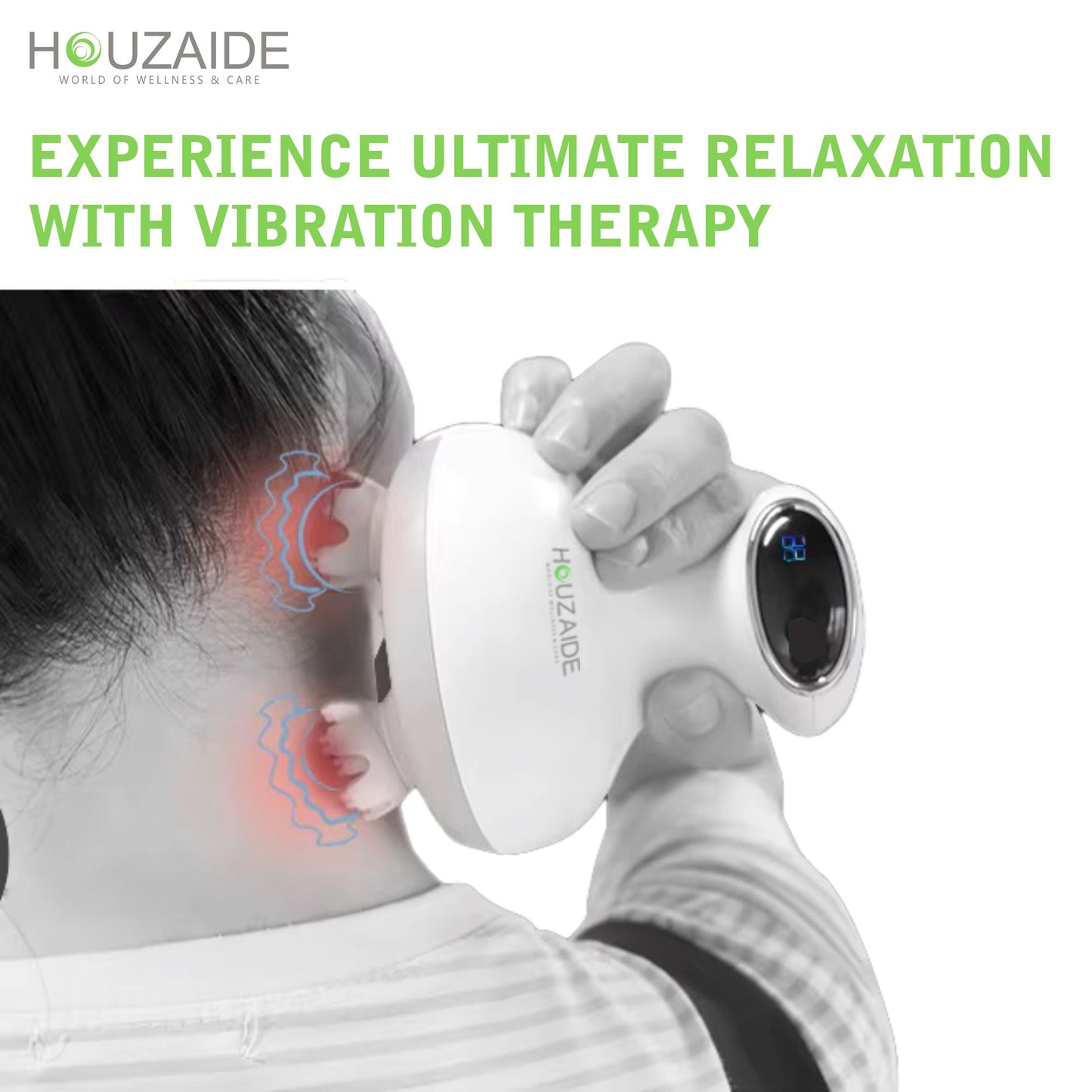 houzaide neck and shoulder massager with vibration therapy, cordless design, digital display, rechargeable battery for deep tissue pain relief and relaxation