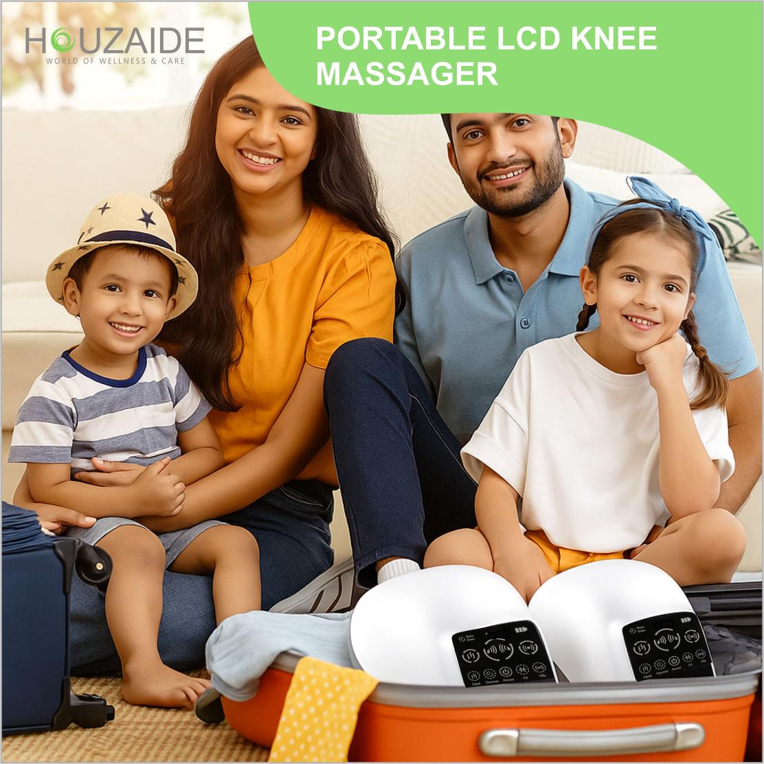 Houzaide portable LCD knee massager shown with a happy Indian family, ideal for travel and everyday joint care at home