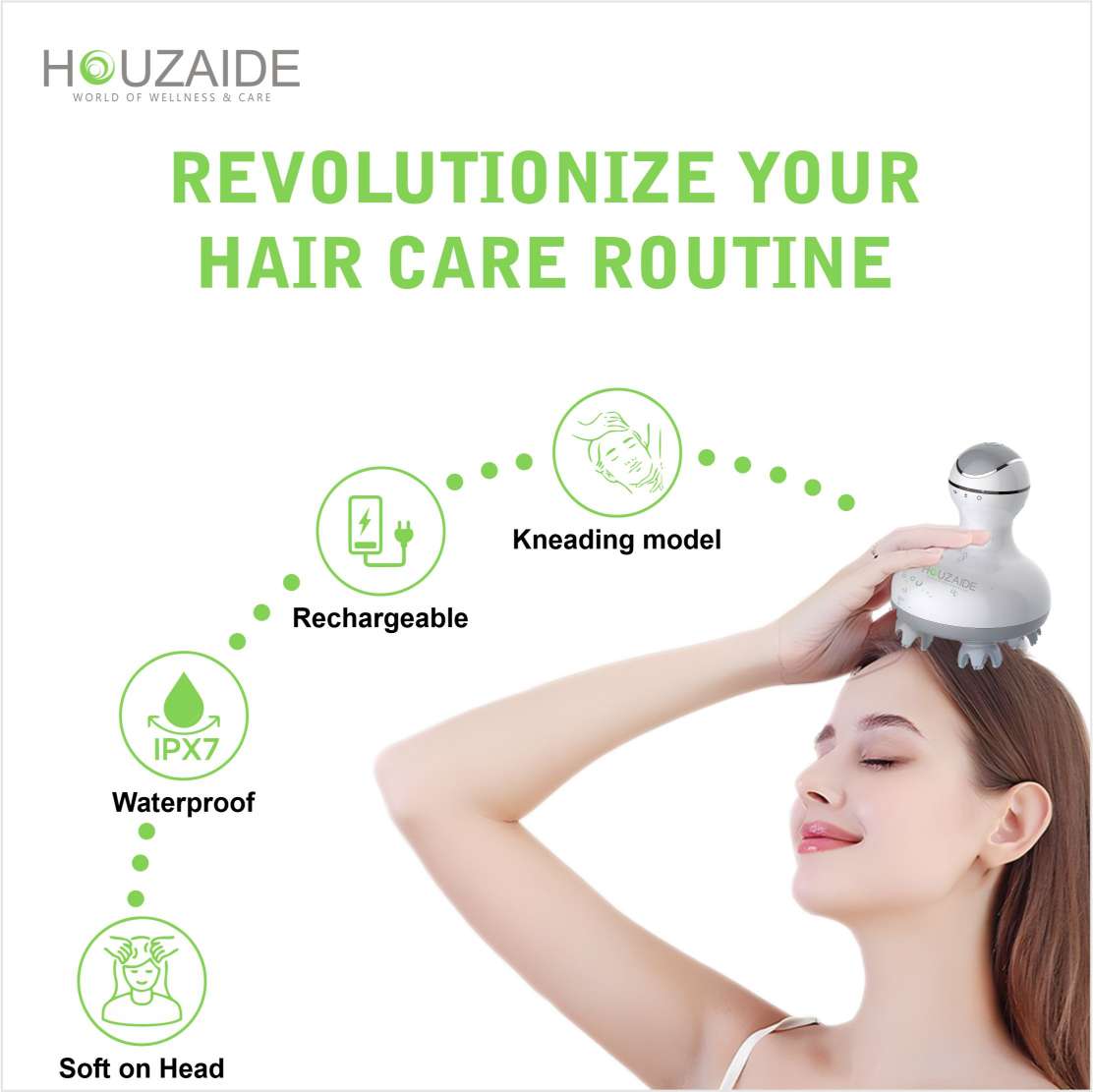 Houzaide rechargeable waterproof scalp massager with soft silicone nodes, IPX7 safe for shower, gentle kneading action for hair care and scalp relaxation