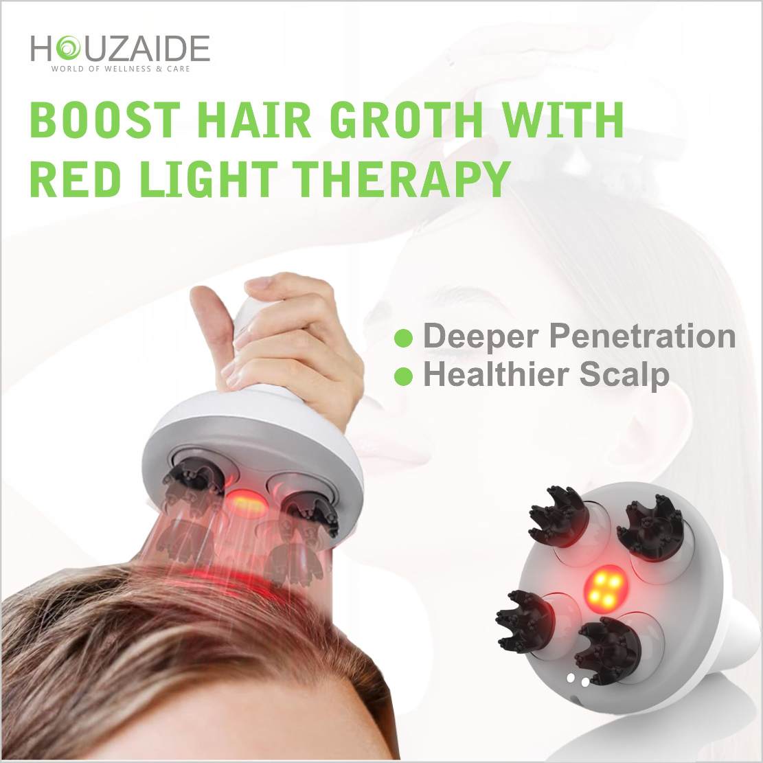 HOUZAIDE WORLD OF WELLNESS & CARE Smart Electric Scalp Massager for Hair Growth | EMS & Red Light Therapy Massager HA104