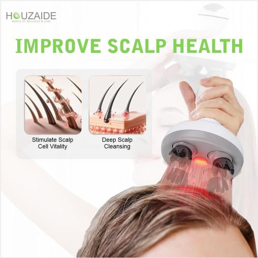 Houzaide advanced EMS red light therapy scalp massager improves scalp health, stimulates cell vitality, and provides deep cleansing for dense hair growth