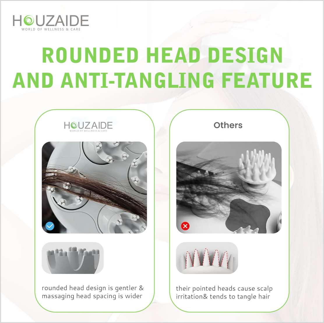 Houzaide scalp massager with rounded head design and anti-tangling silicone nodes — gentler on scalp and prevents hair pull compared to other sharp node massagers