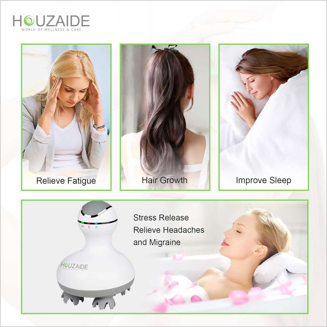 Houzaide scalp massager helps relieve fatigue, support hair growth, improve sleep, reduce stress, and ease headaches and migraines with relaxing massage
