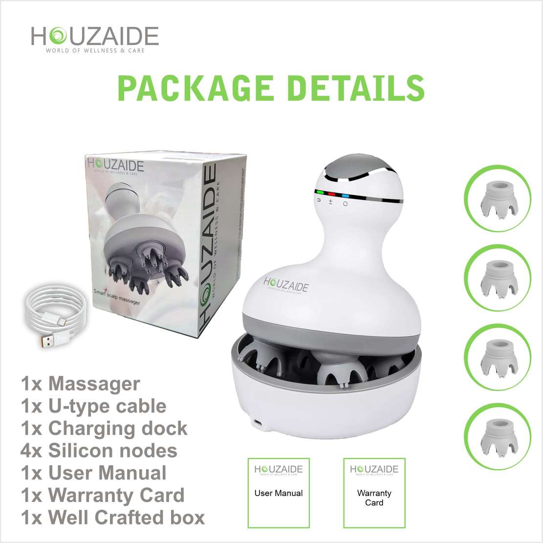 Houzaide electric scalp massager package includes massager, U-type USB cable, charging dock, 4 silicone nodes, user manual, warranty card, and gift box