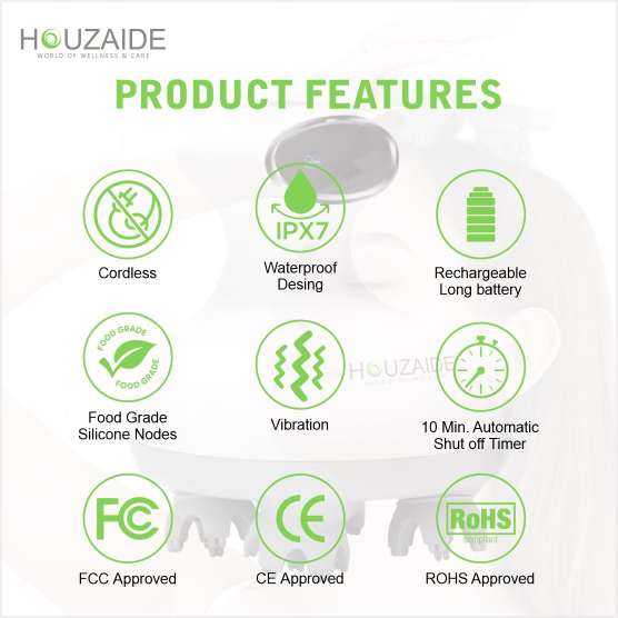 Houzaide scalp massager with IPX7 waterproof design, cordless operation, rechargeable battery, vibration therapy, CE FCC RoHS certified with food grade silicone