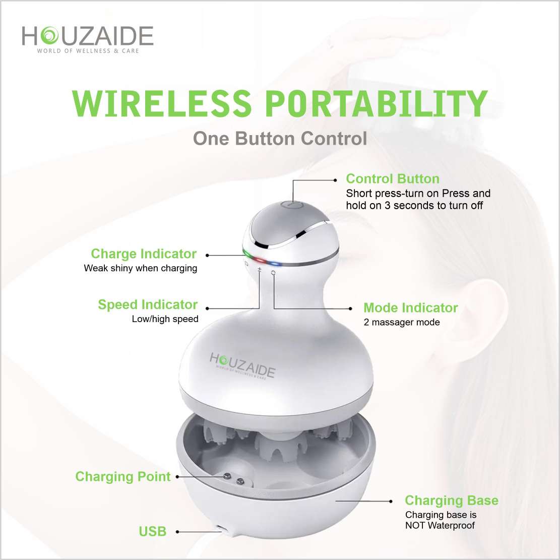 Houzaide wireless scalp massager with USB charging, one-button control, speed and mode indicators, magnetic base, and LED charging display