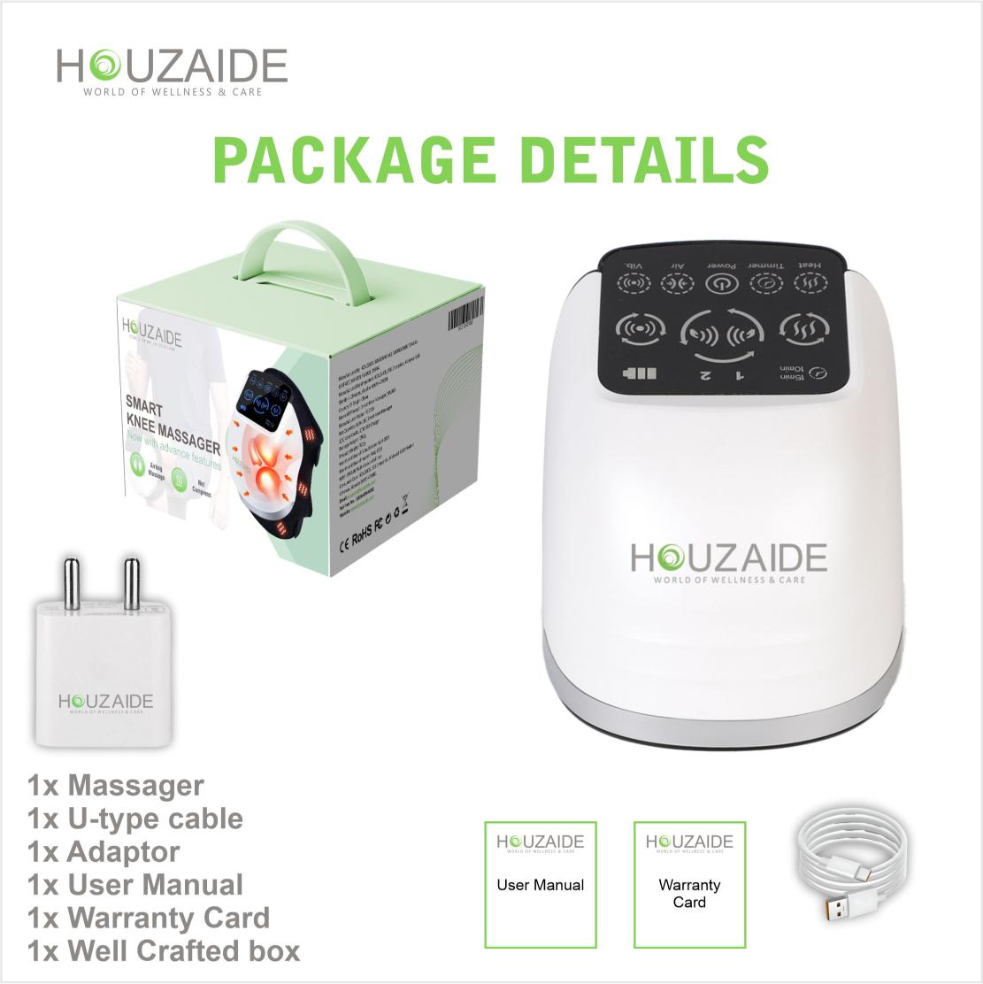 Houzaide smart knee massager with package contents including USB-C cable, adapter, manual, and gift box – ideal for joint pain relief