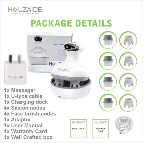 Houzaide smart scalp massager package includes massager, U-type cable, charging dock, 4 silicone nodes, 4 face brush nodes, adaptor, user manual, and warranty card
