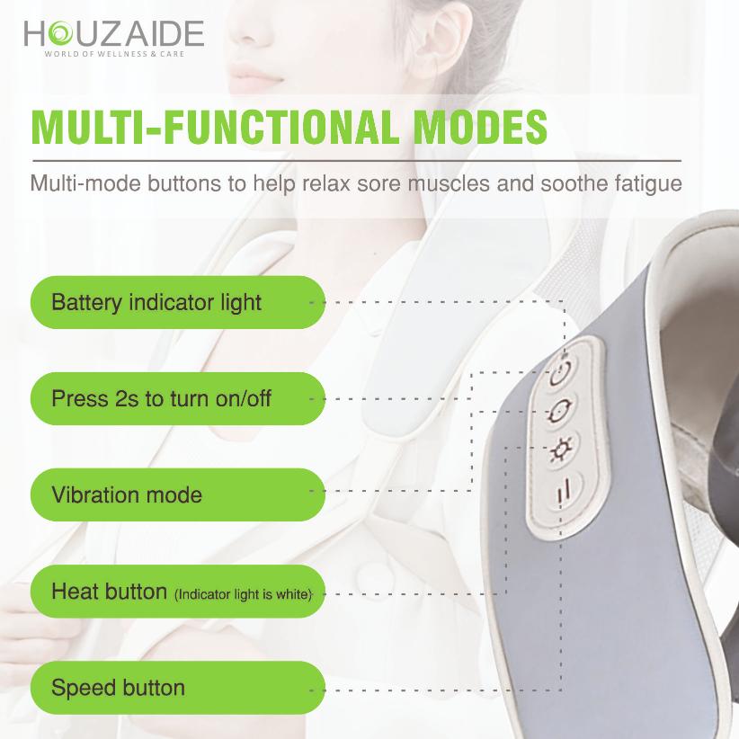 Houzaide neck massager control panel showing multi-functional modes including vibration, heat, speed, and power button for cervical pain relief
