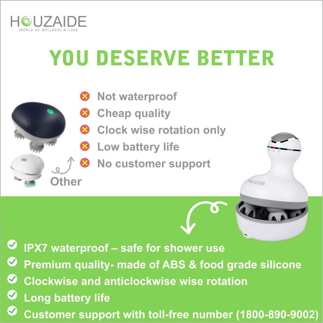 Houzaide electric scalp massager compared with other brands – IPX7 waterproof, premium build, soft brush attachments, long battery, vibration, customer support