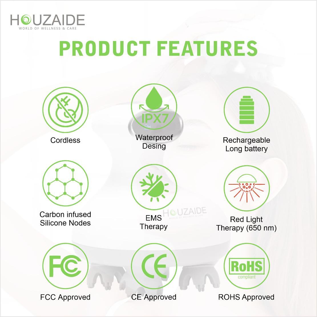 Houzaide electric scalp massager with IPX7 waterproof design, EMS therapy, 650nm red light, carbon-infused silicone nodes, rechargeable battery, and safety certifications