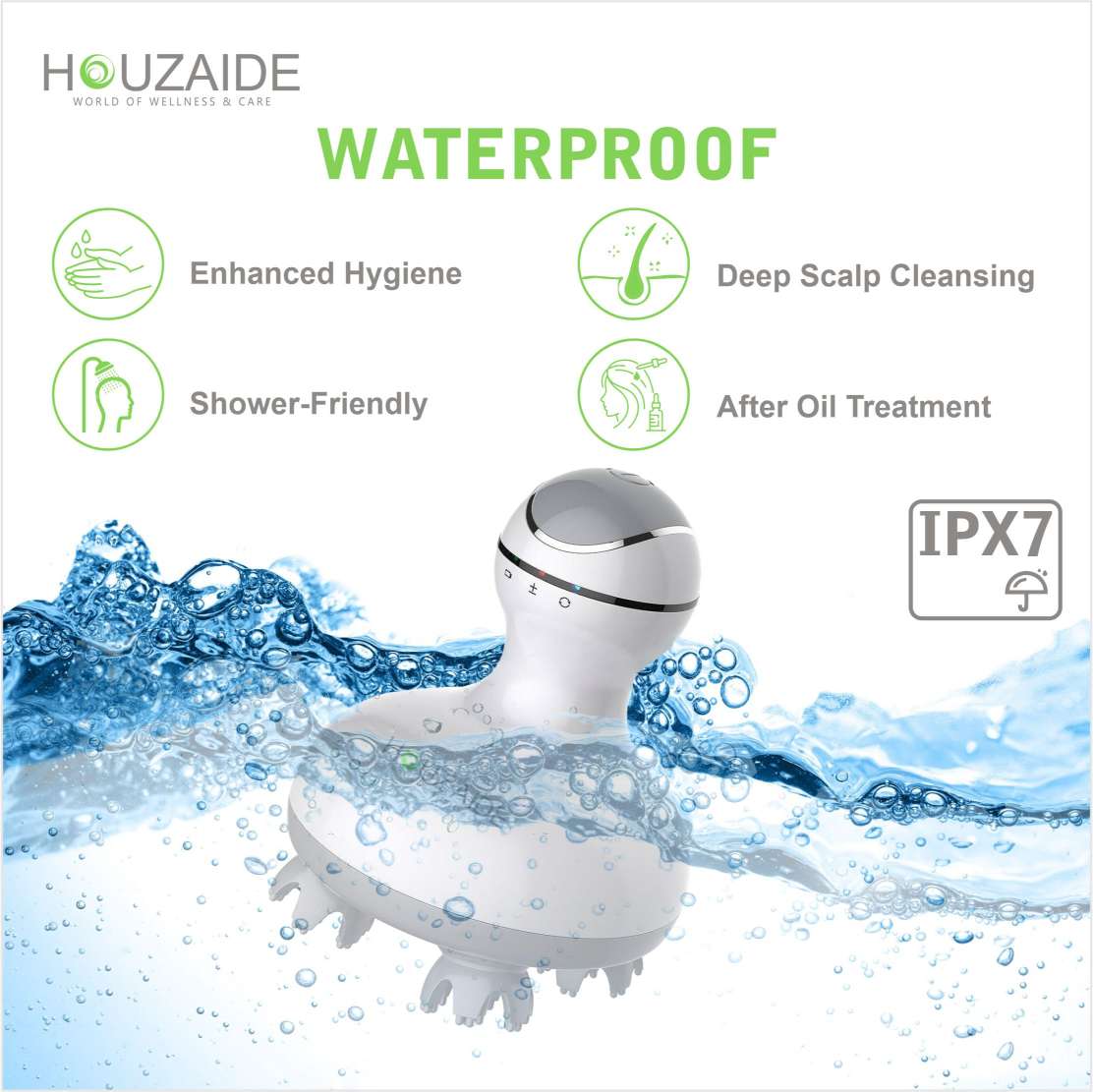 Houzaide IPX7 waterproof scalp massager ideal for shower use, after oil treatment, enhanced hygiene, and deep scalp cleansing