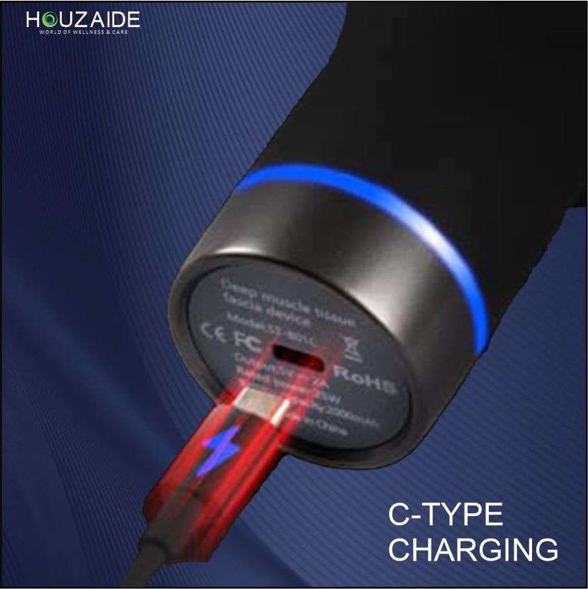 Houzaide HA804 massage gun with USB Type-C fast charging – compact, travel-friendly design with efficient power delivery