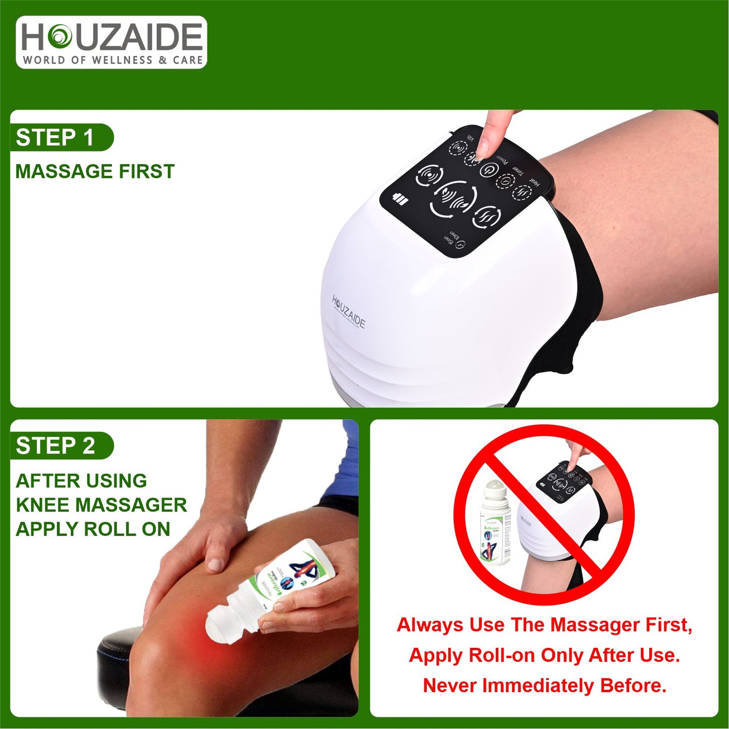 HOUZAIDE Smart Knee Massager for joint pain relief | Advance upgraded version with human hand like massage, vibration and heat therapy with Orthozen Roll-on HA203WR